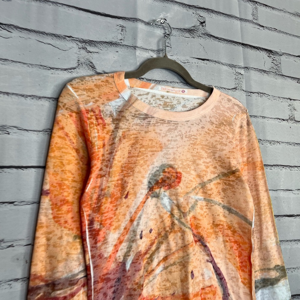 Before + Again Orange Red Graphic Long Sleeve Crew Shirt True to Size Women’s S - Picture 3 of 15